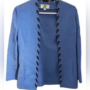St. John Collection Blue Knit Open Front Jacket
Blue with black woven twisted
